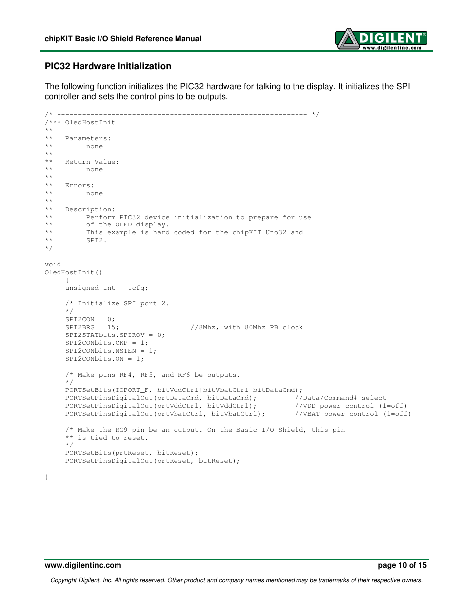 Pic32 hardware initialization | Digilent 410-216P-KIT User Manual | Page 10 / 15