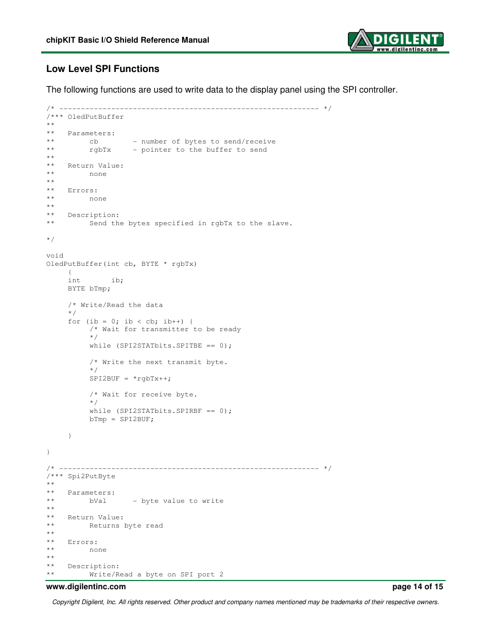 Low level spi functions | Digilent 410-216P-KIT User Manual | Page 14 / 15