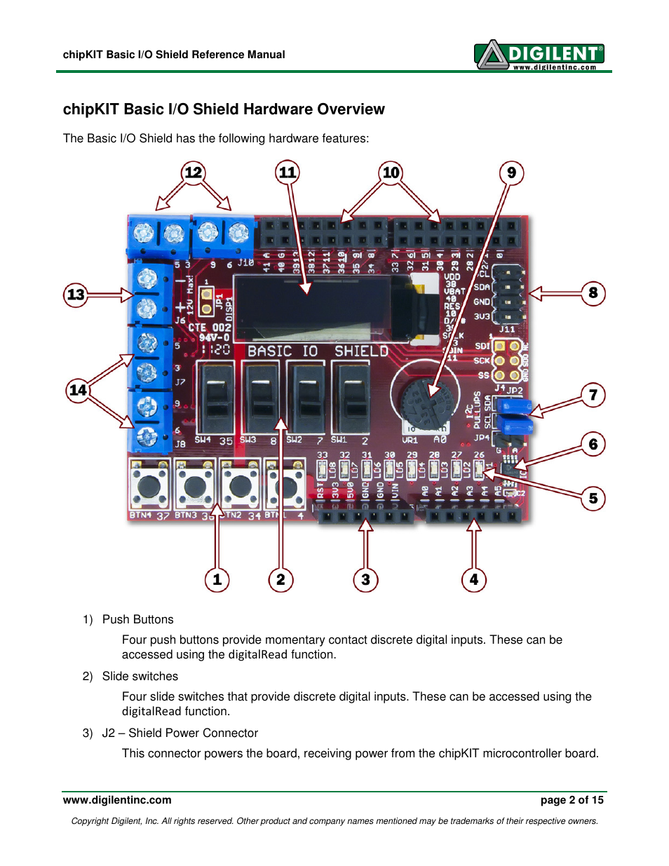 Chipkit basic i/o shield hardware overview | Digilent 410-216P-KIT User Manual | Page 2 / 15