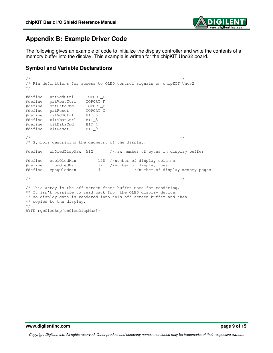 Appendix b: example driver code, Symbol and variable declarations | Digilent 410-216P-KIT User Manual | Page 9 / 15