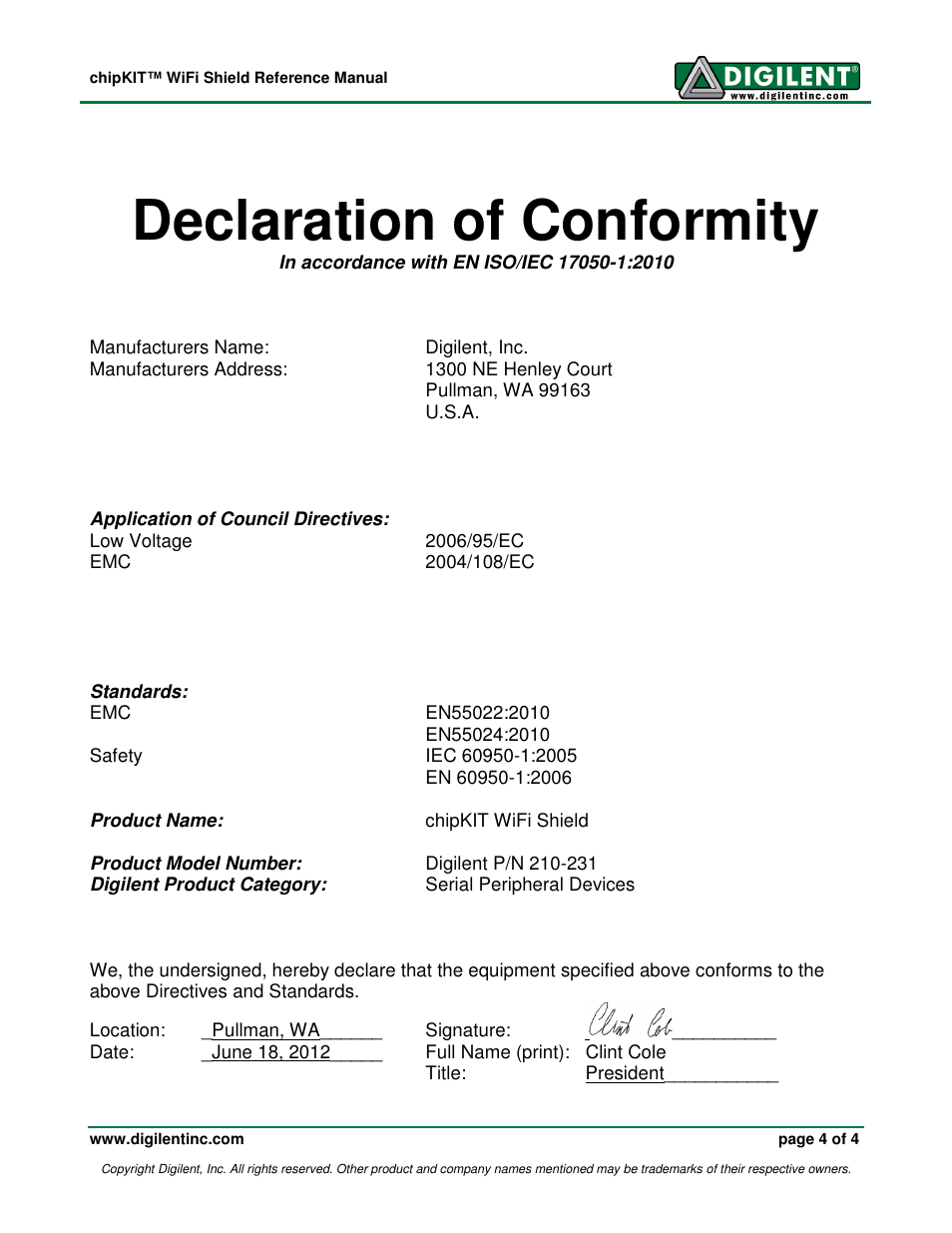 Declaration of conformity | Digilent 410-231P-KIT User Manual | Page 4 / 4