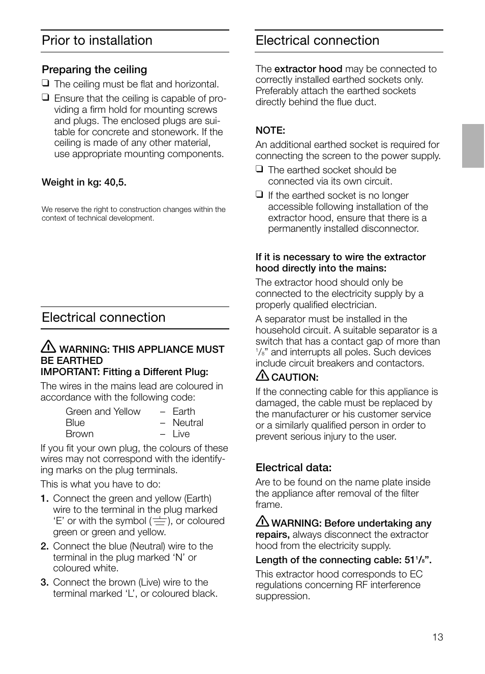 Prior to installation, Electrical connection | Bosch DIE 165 R User Manual | Page 13 / 48