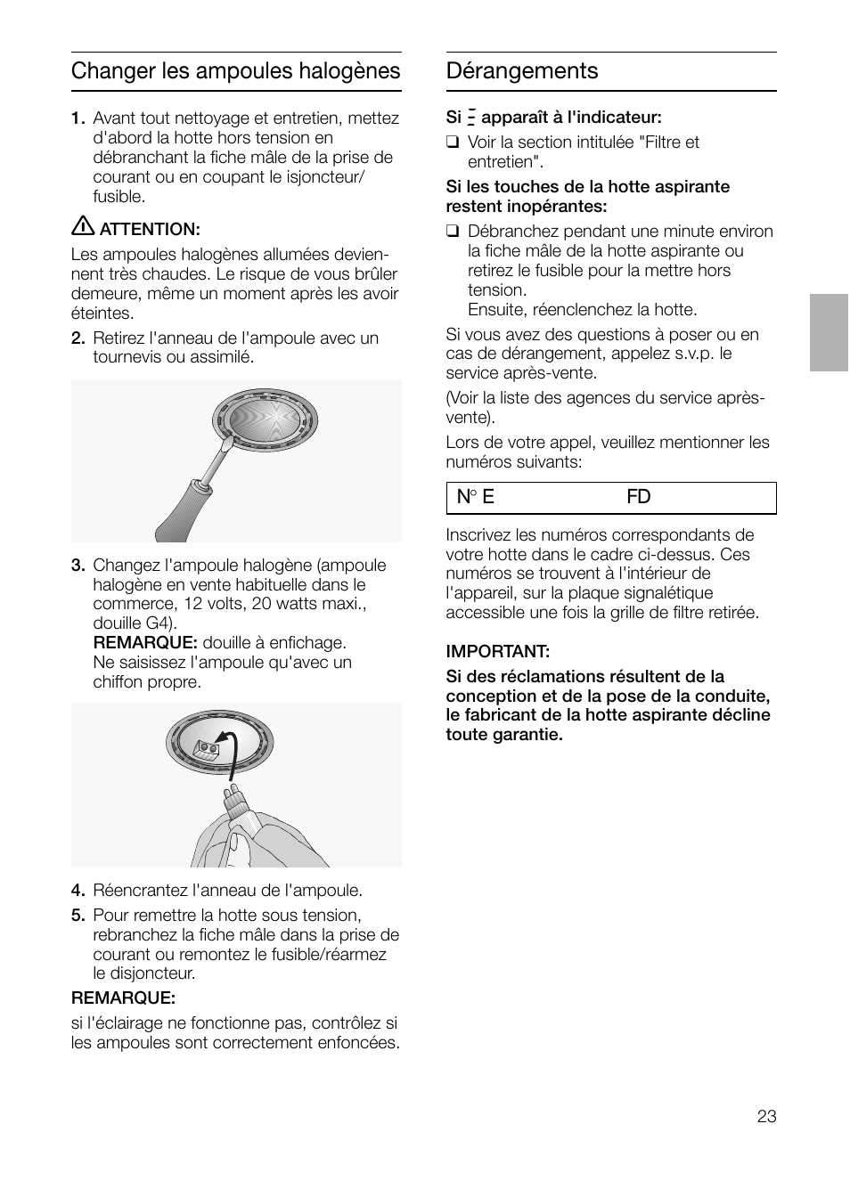 Changer les ampoules halogènes, Dérangements | Bosch DIE 165 R User Manual | Page 23 / 48