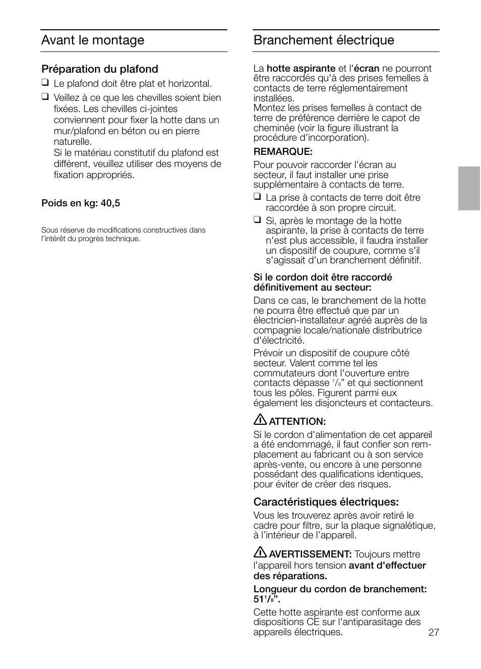 Avant le montage branchement électrique | Bosch DIE 165 R User Manual | Page 27 / 48