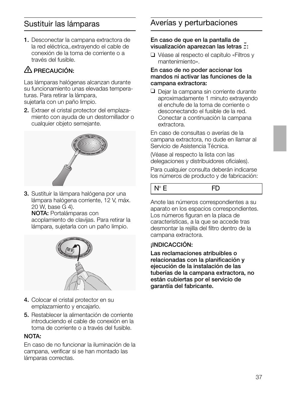 Averías y perturbaciones, Sustituir las lámparas | Bosch DIE 165 R User Manual | Page 37 / 48