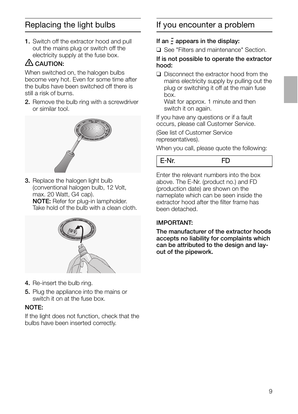 If you encounter a problem, Replacing the light bulbs | Bosch DIE 165 R User Manual | Page 9 / 48