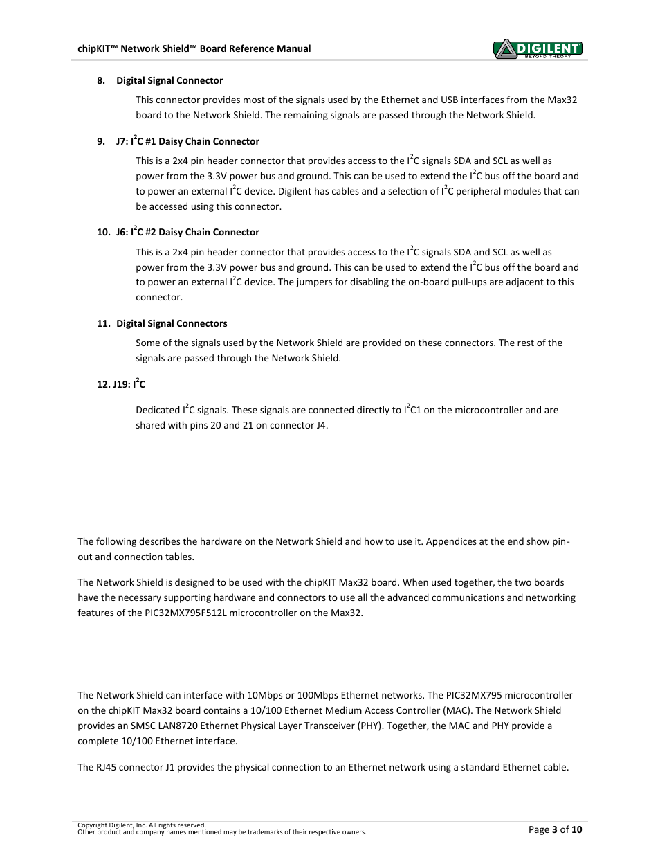 2chipkit network shield hardware description, 1 introduction, 2 ethernet interface | Digilent 410-211P-KIT User Manual | Page 3 / 10