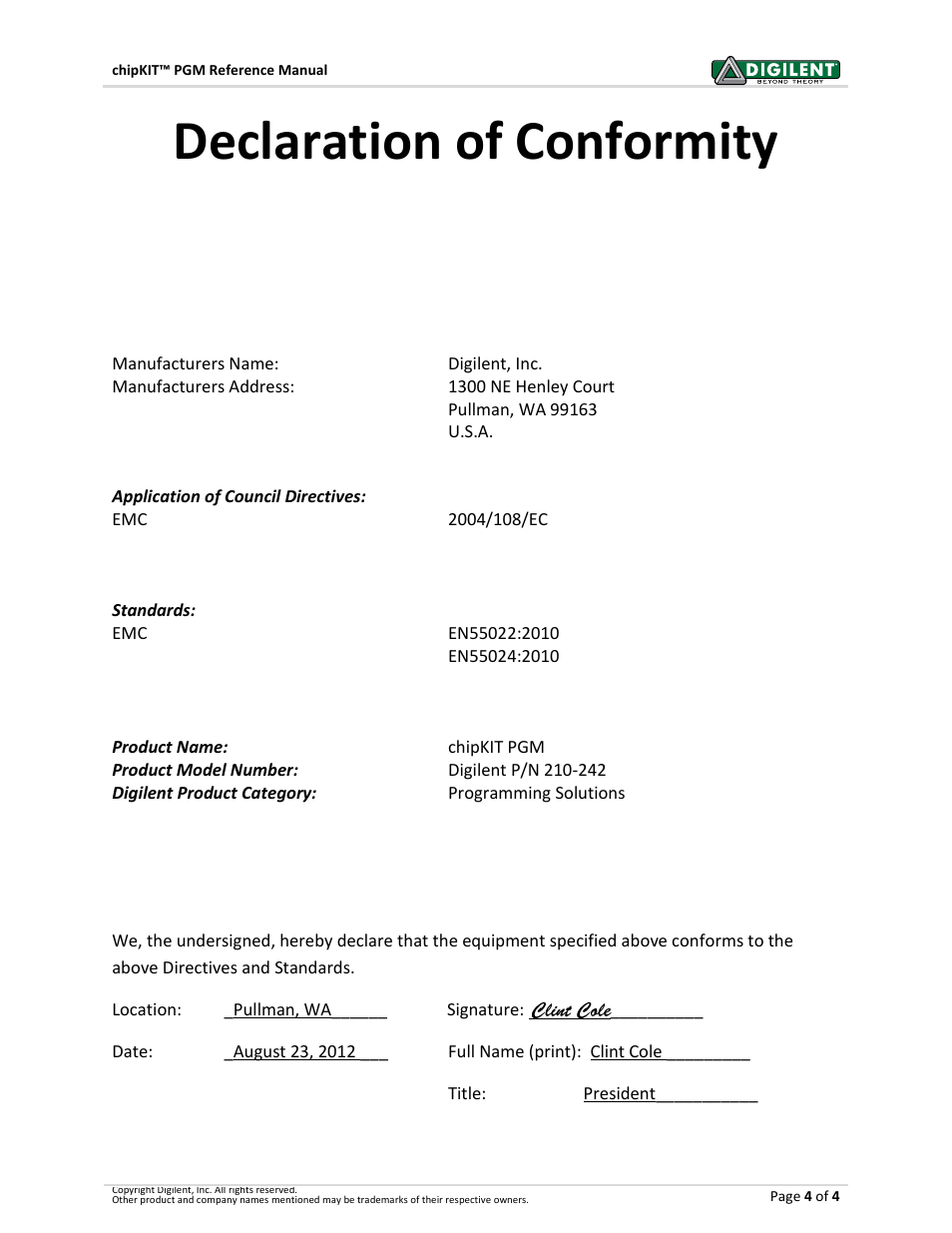 Declaration of conformity | Digilent 410-242P-KIT User Manual | Page 4 / 4
