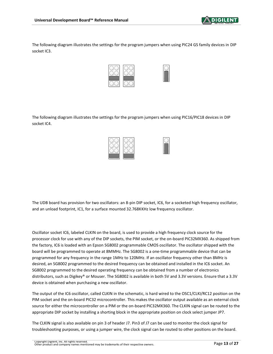 3 ic3_gs program jumper settings, 4 ic4 program jumper settings, 7 oscillator options | 1 high frequency oscillator, Ic3_gs program jumper settings, Ic4 program jumper settings, Oscillator options, High frequency oscillator, 7oscillator options | Digilent 6021-210-000P-KIT User Manual | Page 13 / 27