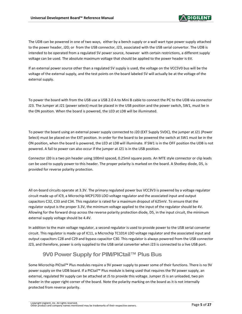 1 power supply, 1 usb power, 2 external power supply | 3 power supply circuit description, 4 9v0 power supply for pim/pictail™ plus bus, Power supply, Usb power, External power supply, Power supply circuit description, 9v0 power supply for pim/pictail™ plus bus | Digilent 6021-210-000P-KIT User Manual | Page 5 / 27