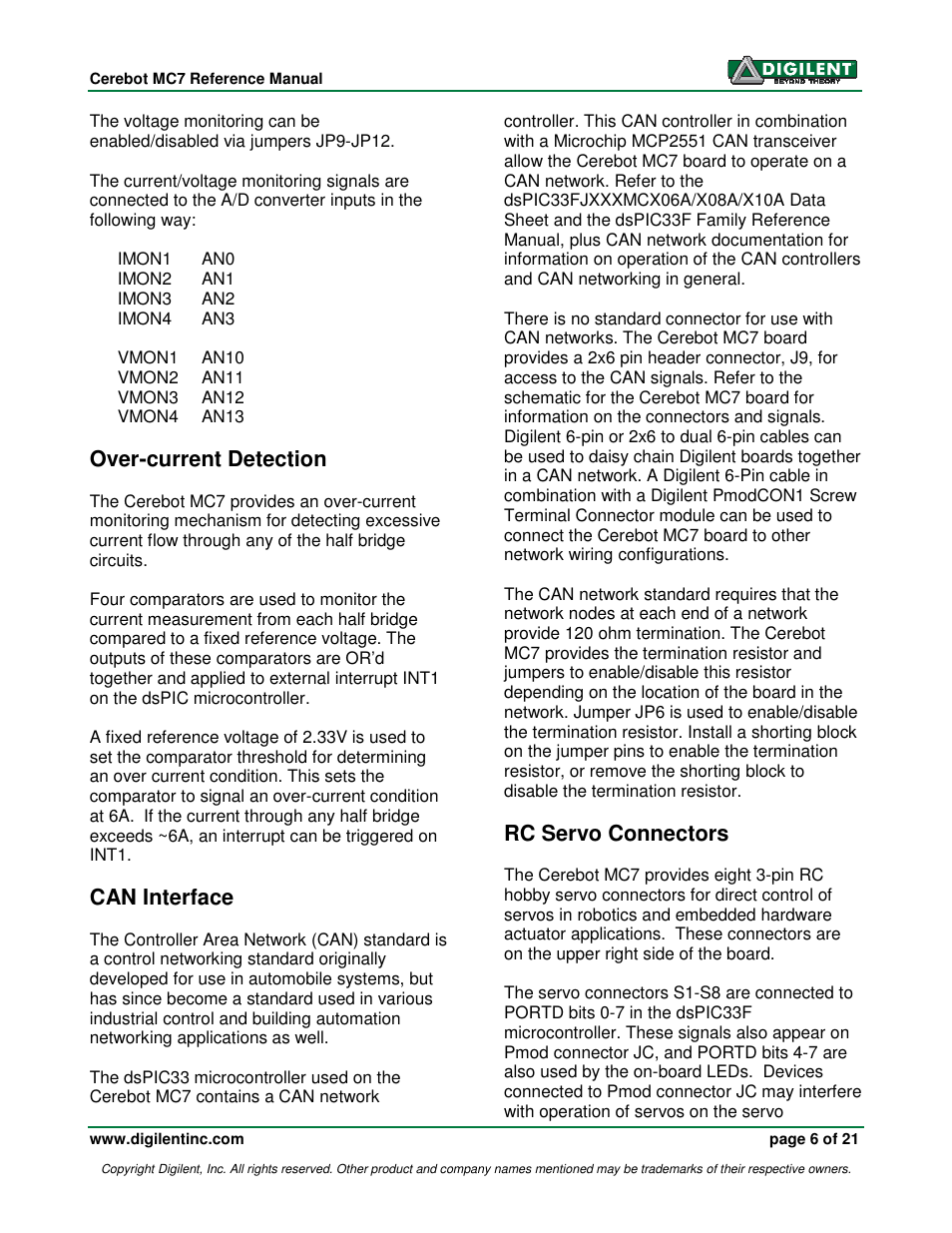 Over-current detection, Can interface, Rc servo connectors | Digilent 410-185P-KIT User Manual | Page 6 / 21