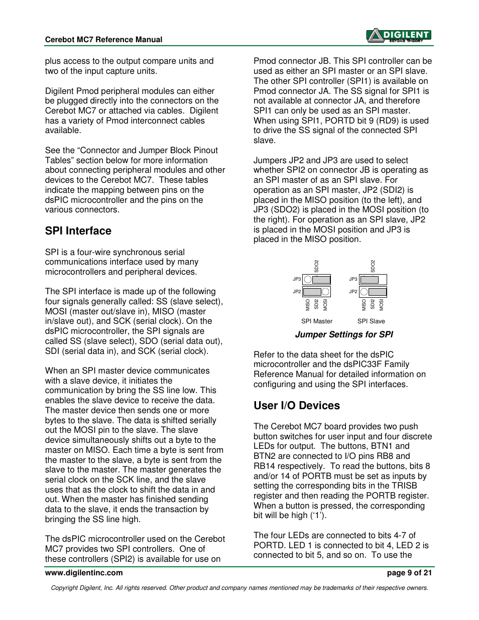 Spi interface, User i/o devices | Digilent 410-185P-KIT User Manual | Page 9 / 21