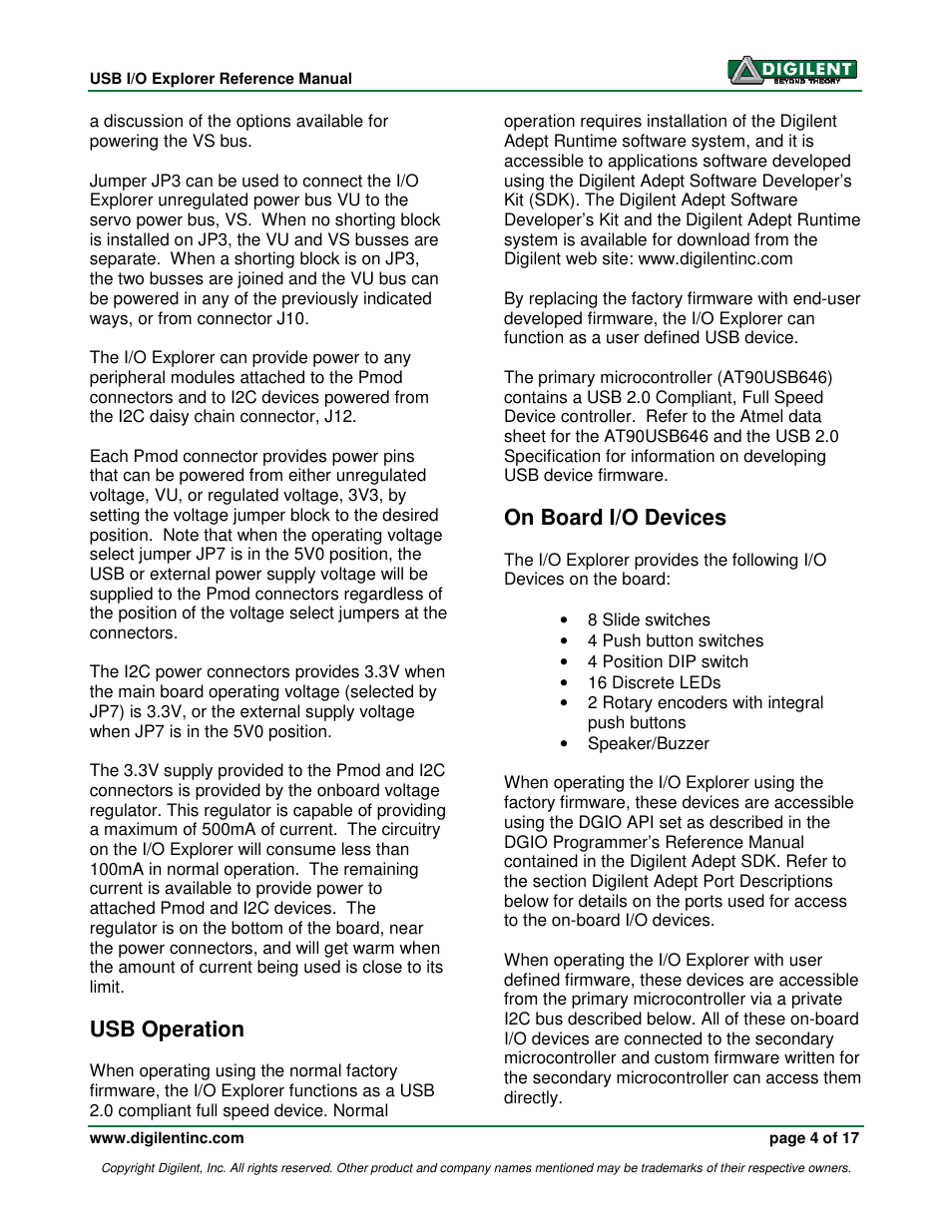 Usb operation, On board i/o devices | Digilent 410-174P User Manual | Page 4 / 17