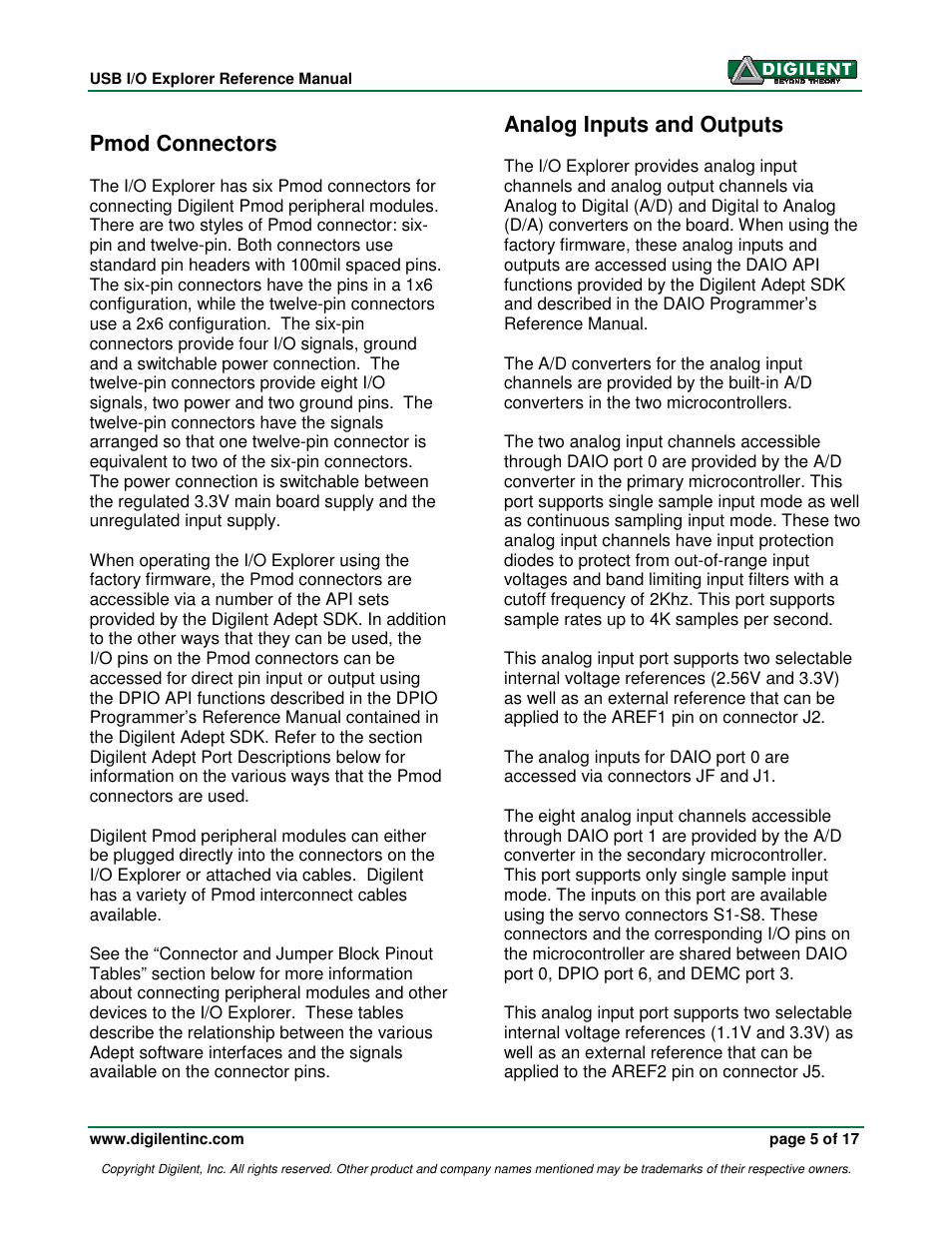 Pmod connectors, Analog inputs and outputs | Digilent 410-174P User Manual | Page 5 / 17