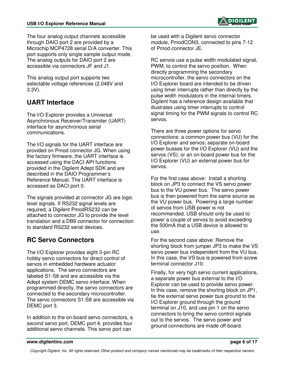 Uart interface, Rc servo connectors | Digilent 410-174P User Manual | Page 6 / 17