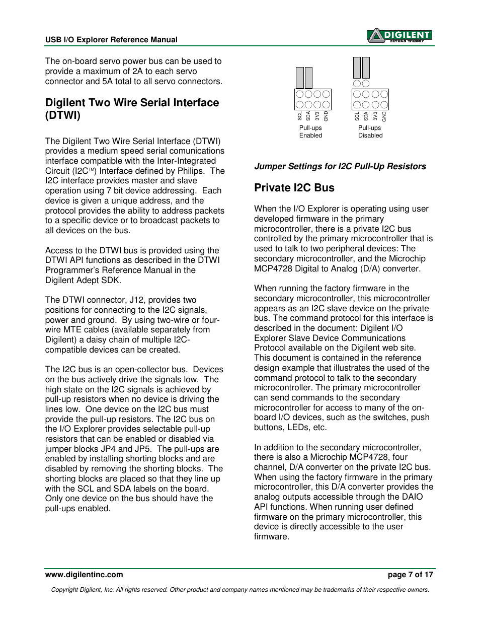 Digilent two wire serial interface (dtwi), Private i2c bus, Jumper settings for i2c pull-up resistors | Digilent 410-174P User Manual | Page 7 / 17