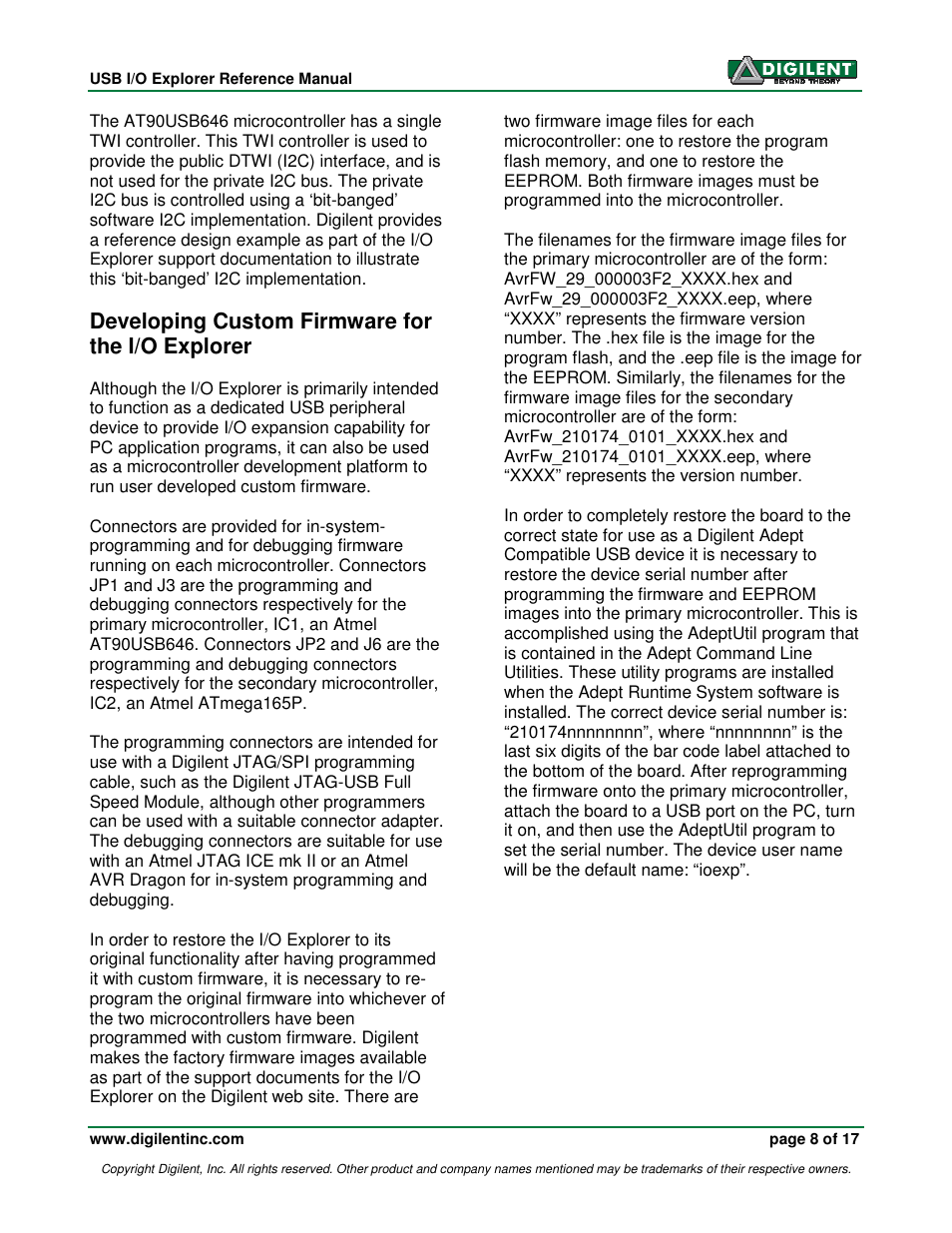 Developing custom firmware for the i/o explorer | Digilent 410-174P User Manual | Page 8 / 17