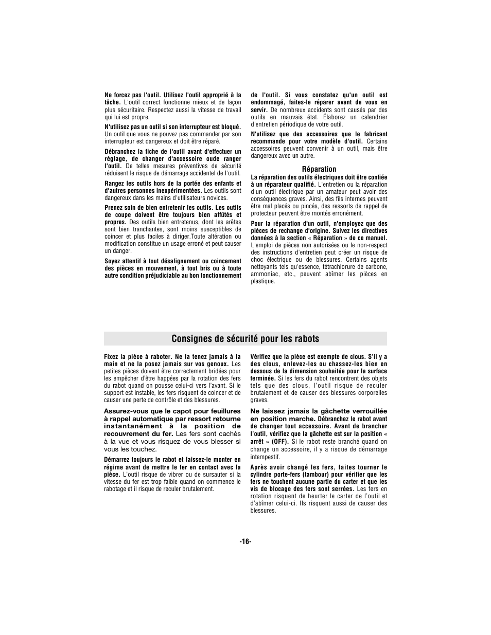 Consignes de sécurité pour les rabots | Bosch 1594 User Manual | Page 16 / 44