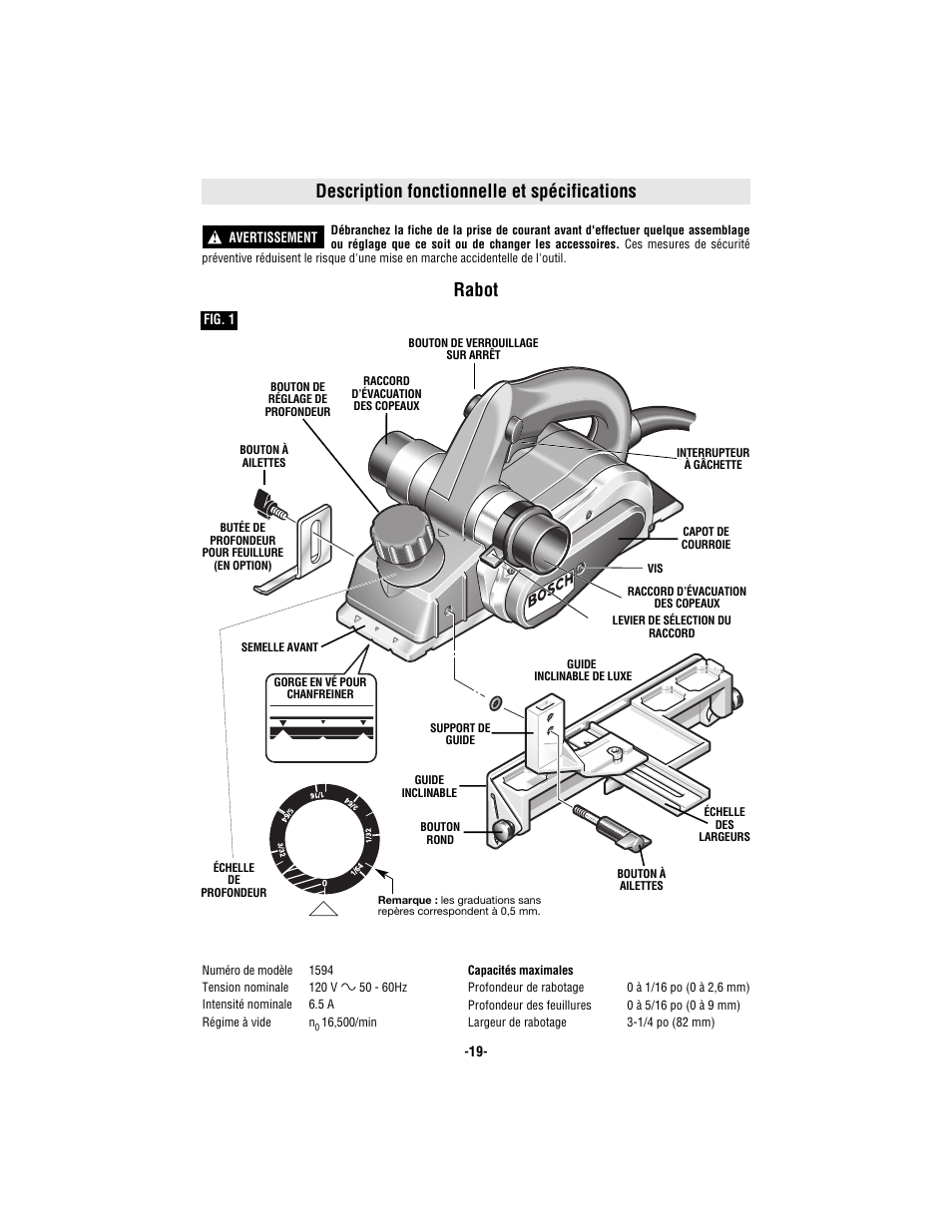 Description fonctionnelle et spécifications, Rabot | Bosch 1594 User Manual | Page 19 / 44