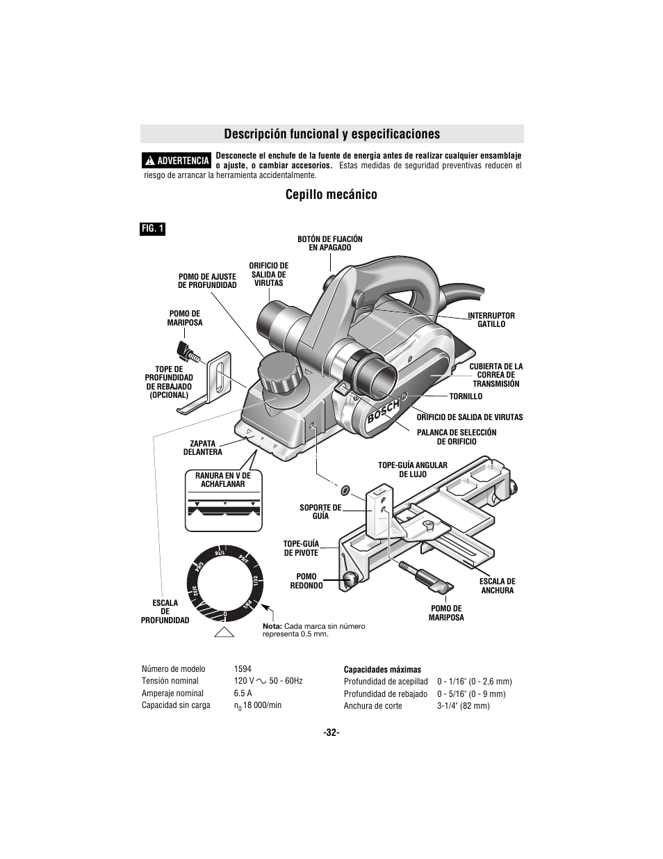 Descripción funcional y especificaciones, Cepillo mecánico | Bosch 1594 User Manual | Page 32 / 44