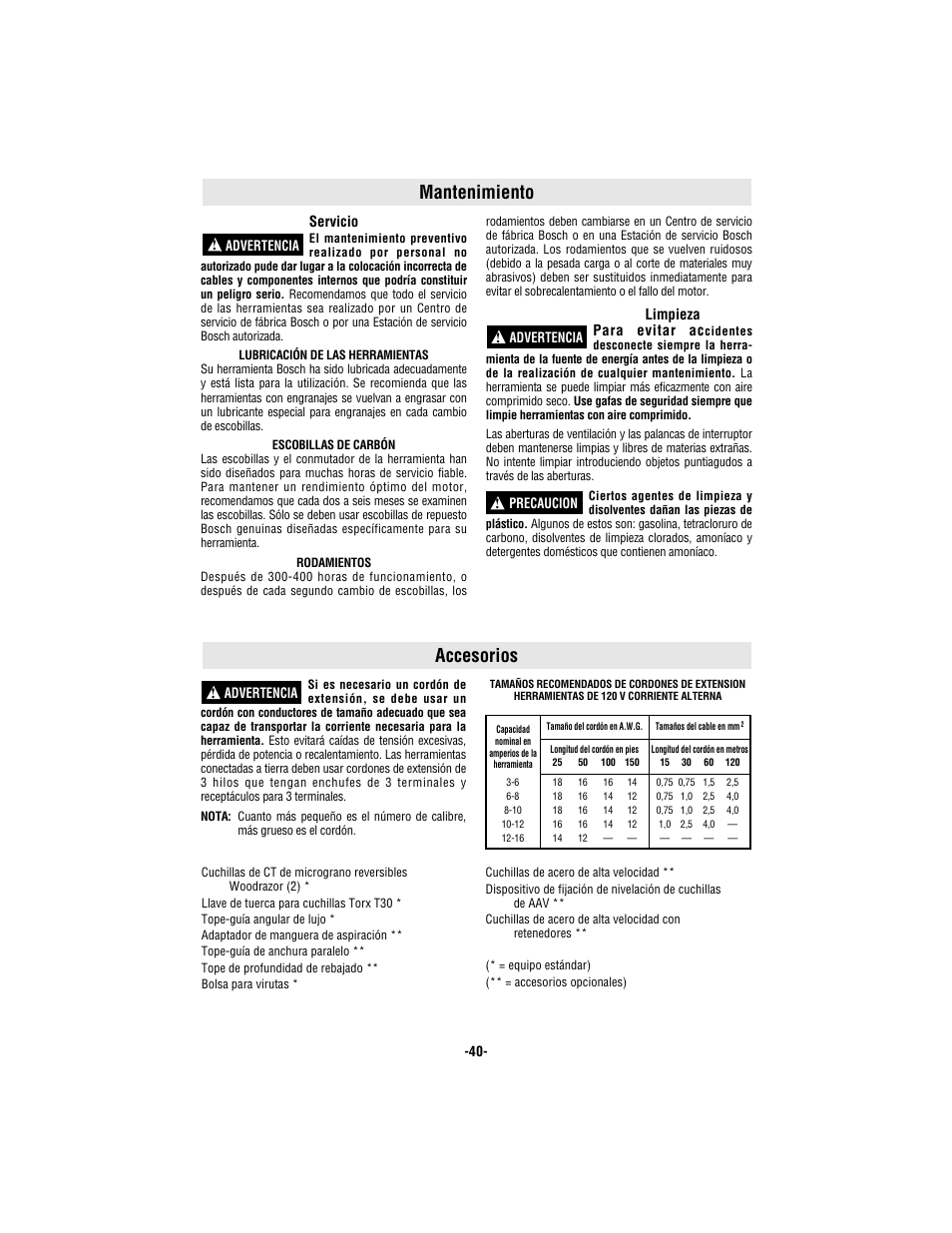 Mantenimiento accesorios | Bosch 1594 User Manual | Page 40 / 44