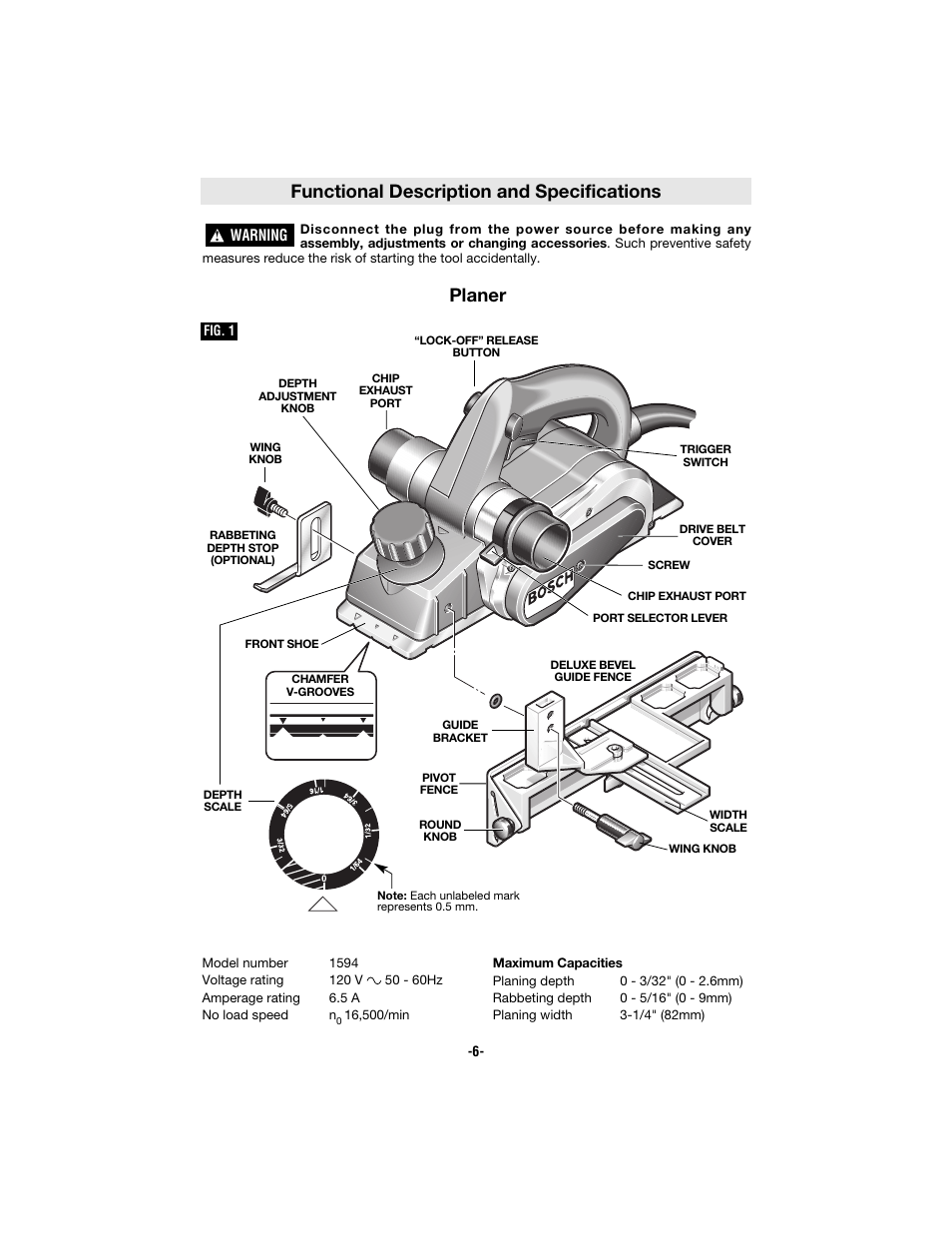 Functional description and specifications, Planer | Bosch 1594 User Manual | Page 6 / 44