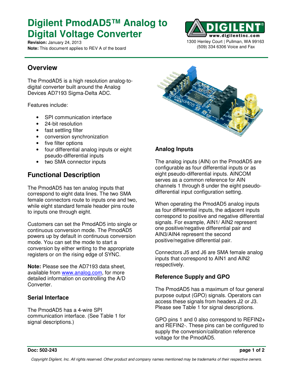 Digilent 410-243P User Manual | 2 pages