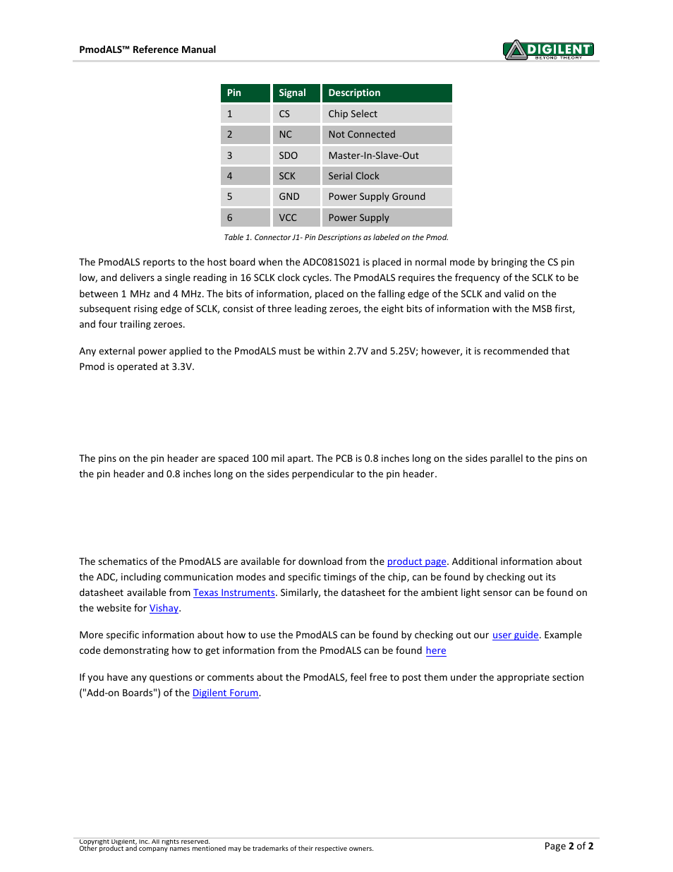 3physical dimensions, 4additional information | Digilent 410-286P User Manual | Page 2 / 2