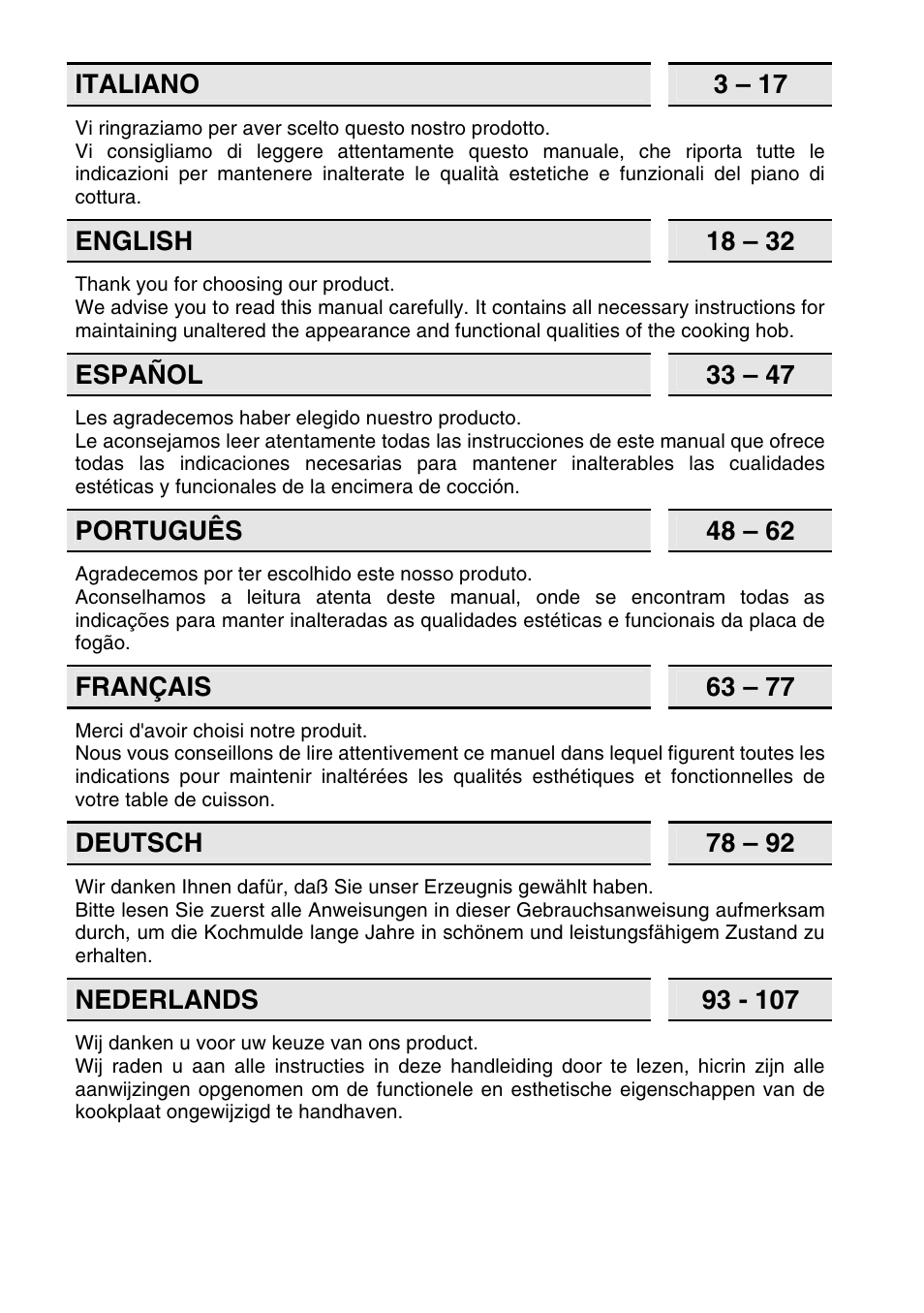 Italiano 3 – 17, English 18 – 32, Español 33 – 47 | Português 48 – 62, Français 63 – 77, Deutsch 78 – 92 | Bosch NET 682 C User Manual | Page 2 / 17