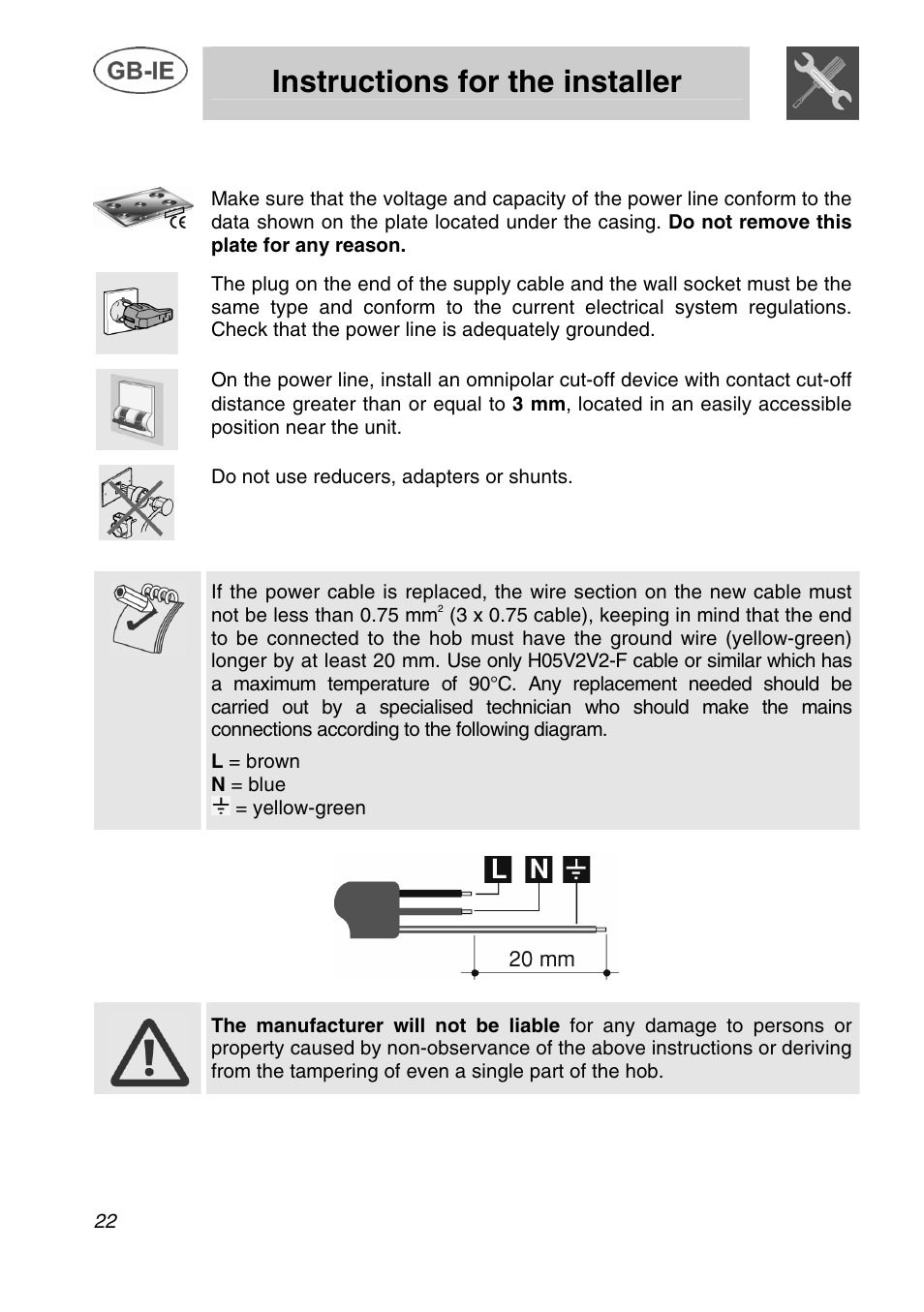 Instructions for the installer, Electrical connection, Do not use reducers, adapters or shunts | L = brown n = blue = yellow-green | Bosch NET 682 C User Manual | Page 7 / 17