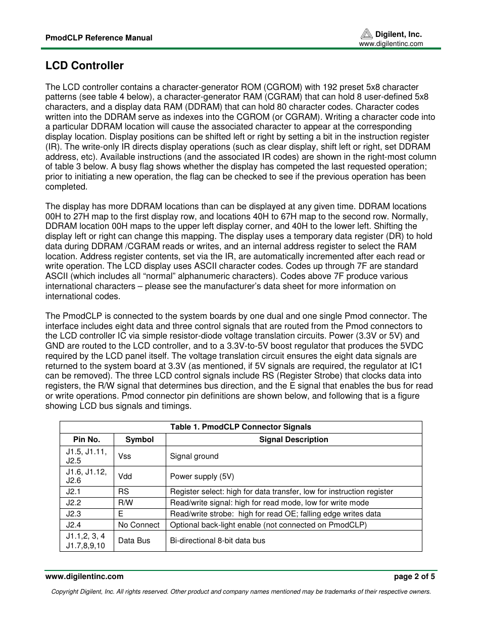 Lcd controller | Digilent 410-142P User Manual | Page 2 / 5