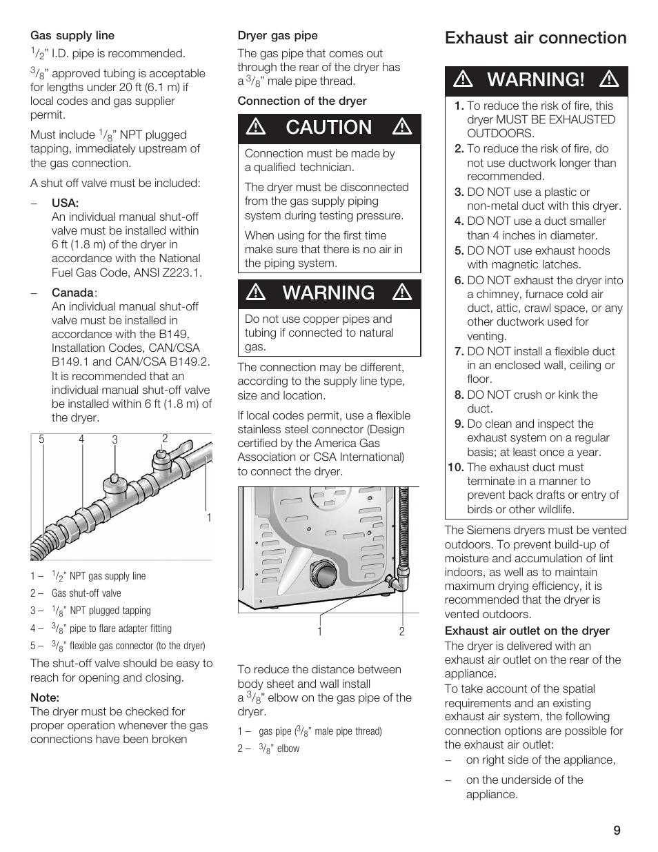 Caution, Warning, Exhaust air connection | Bosch WTXD5500UC User Manual | Page 10 / 83