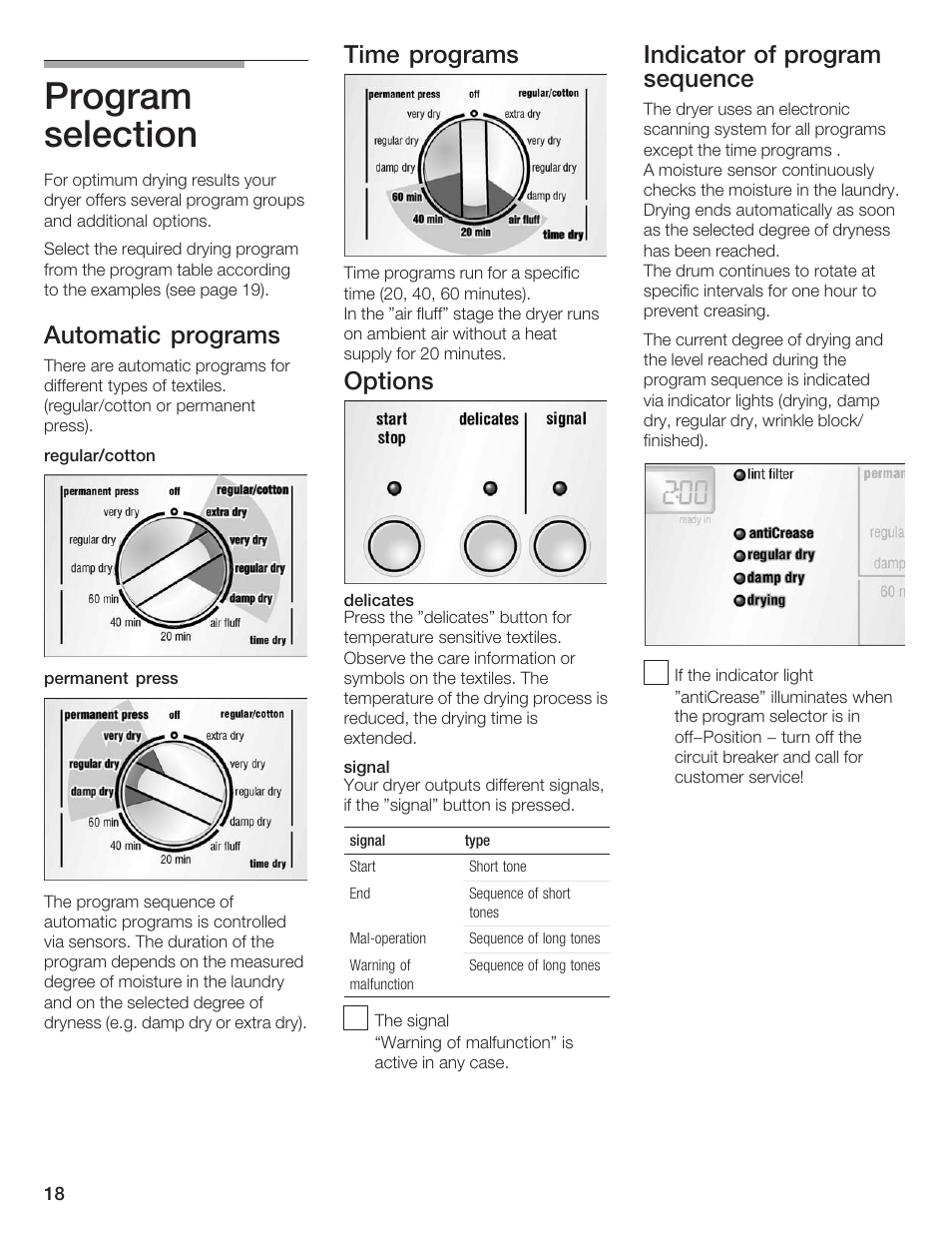 Program selection, Automatic programs, Time programs | Options, Indicator of program sequence | Bosch WTXD5500UC User Manual | Page 19 / 83