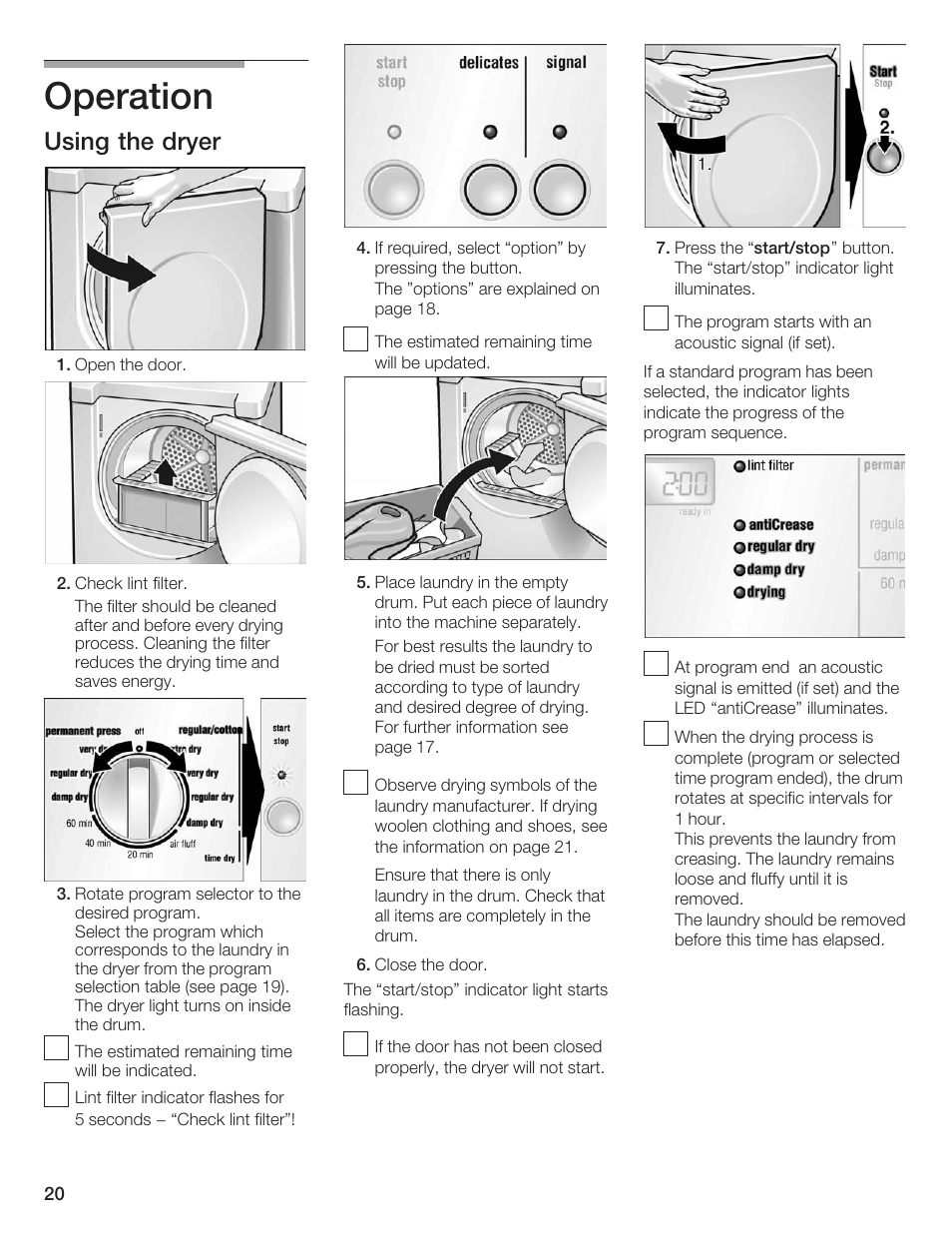 Operation, Using the dryer | Bosch WTXD5500UC User Manual | Page 21 / 83