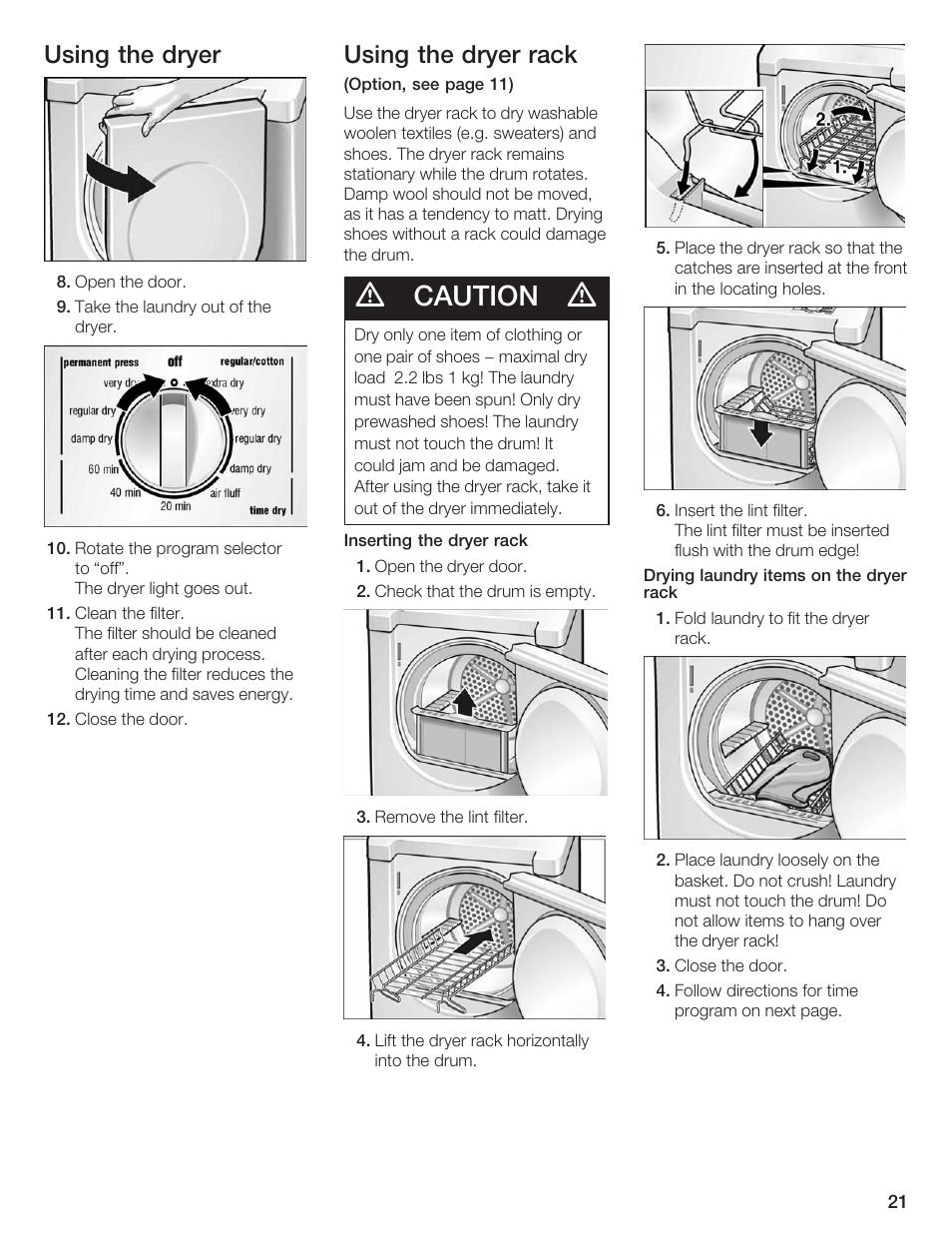 Caution, Using the dryer, Using the dryer rack | Bosch WTXD5500UC User Manual | Page 22 / 83