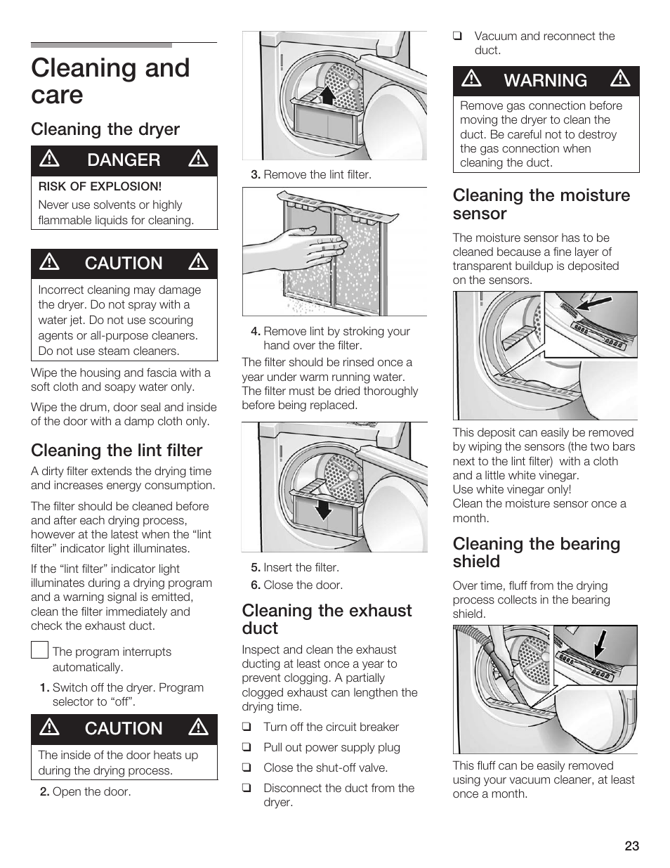 Cleaning and care, Cleaning the dryer, Danger | Caution, Cleaning the lint filter, Cleaning the exhaust duct, Warning, Cleaning the moisture sensor, Cleaning the bearing shield | Bosch WTXD5500UC User Manual | Page 24 / 83