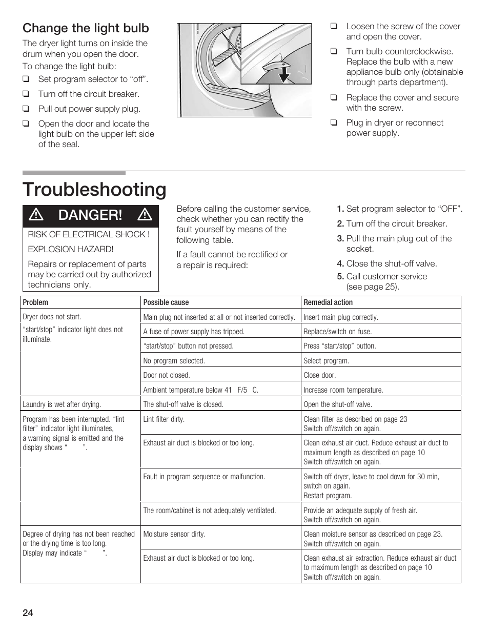 Troubleshooting, Danger, Change the light bulb | Bosch WTXD5500UC User Manual | Page 25 / 83