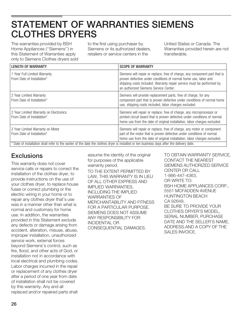 Statement of warranties siemens clothes dryers, Exclusions | Bosch WTXD5500UC User Manual | Page 27 / 83