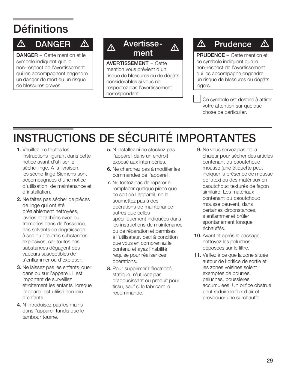 Définitions, Instructions de sécurité importantes, Danger | Avertisseć ment, Prudence | Bosch WTXD5500UC User Manual | Page 30 / 83