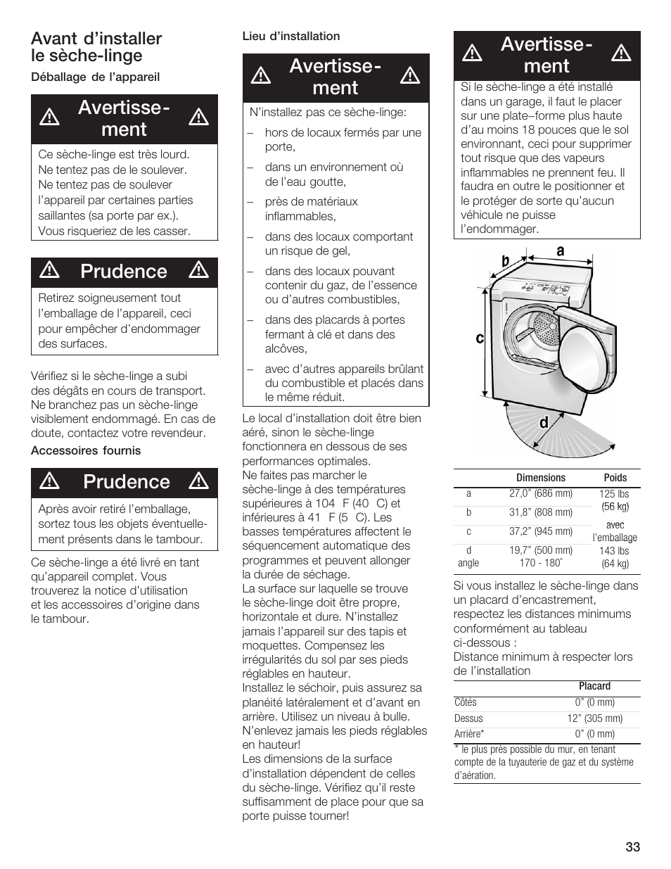 Avertisseć ment, Prudence, Avant d'installer le sèchećlinge | Bosch WTXD5500UC User Manual | Page 34 / 83