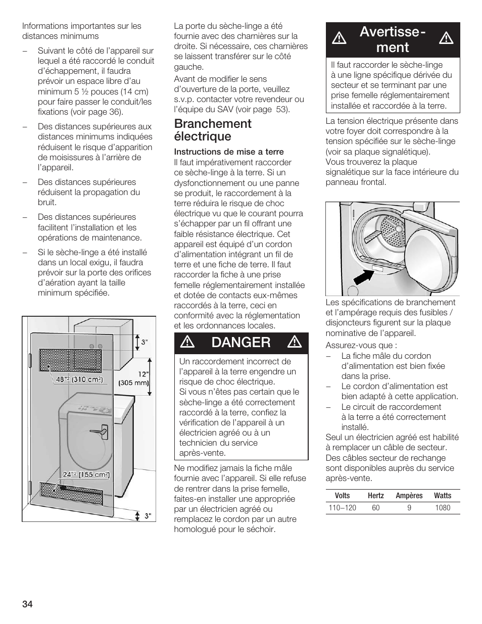 Danger, Avertisseć ment, Branchement électrique | Bosch WTXD5500UC User Manual | Page 35 / 83