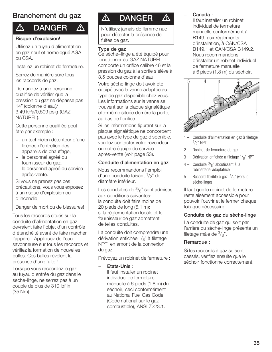 Danger, Branchement du gaz | Bosch WTXD5500UC User Manual | Page 36 / 83