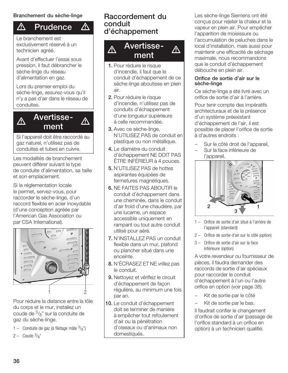 Prudence, Avertisseć ment, Raccordement du conduit d'échappement | Bosch WTXD5500UC User Manual | Page 37 / 83