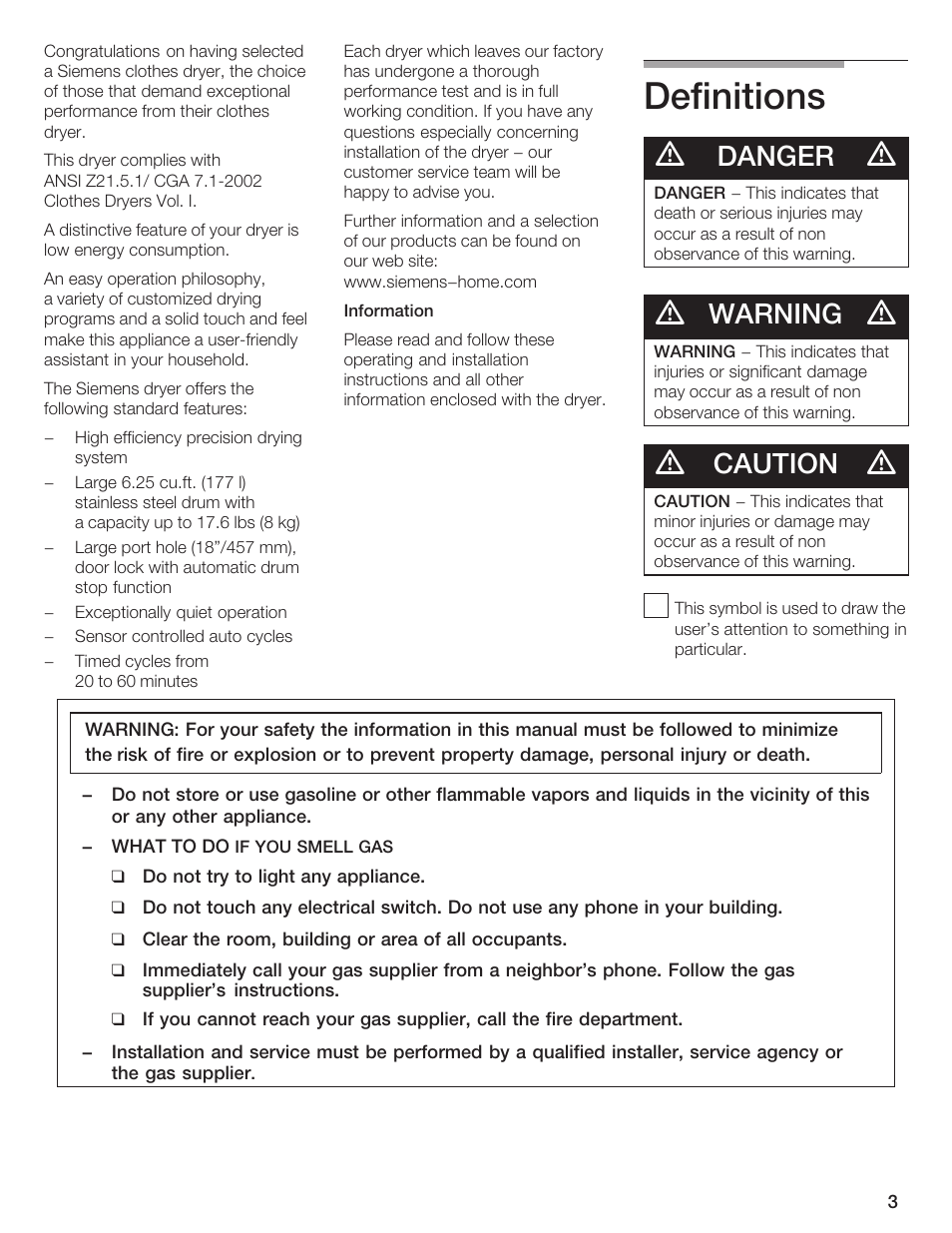 Definitions, Danger, Warning | Caution | Bosch WTXD5500UC User Manual | Page 4 / 83