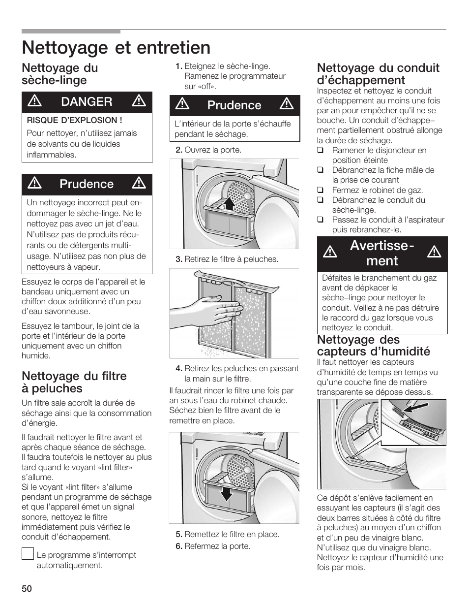 Nettoyage et entretien, Avertisseć ment, Nettoyage du sèchećlinge | Danger, Prudence, Nettoyage du filtre à peluches, Nettoyage du conduit d'échappement, Nettoyage des capteurs d'humidité | Bosch WTXD5500UC User Manual | Page 51 / 83