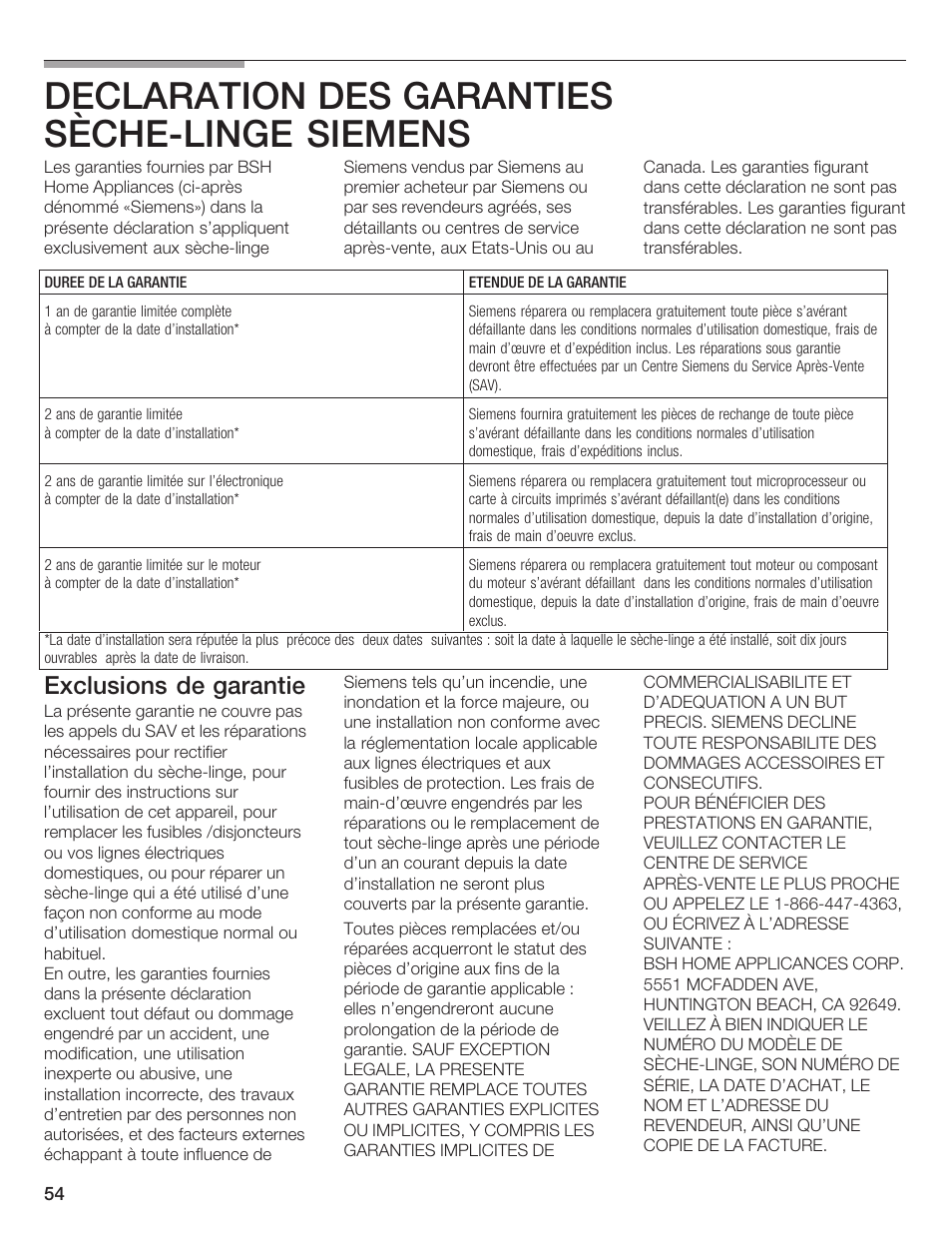 Declaration des garanties sèchećlinge siemens, Exclusions de garantie | Bosch WTXD5500UC User Manual | Page 55 / 83