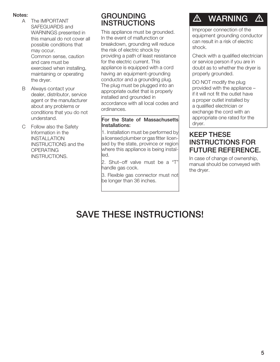 Save these instructions, Warning, Grounding instructions | Keep these instructions for future reference | Bosch WTXD5500UC User Manual | Page 6 / 83