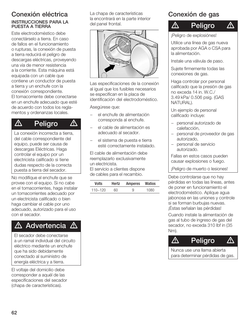 Peligro, Advertencia, Conexión eléctrica | Conexión de gas | Bosch WTXD5500UC User Manual | Page 63 / 83