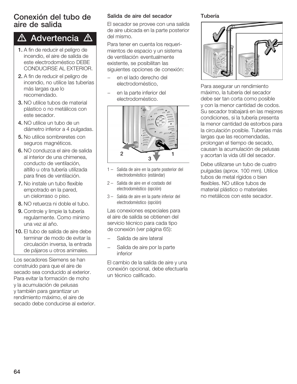 Advertencia, Conexión del tubo de aire de salida | Bosch WTXD5500UC User Manual | Page 65 / 83