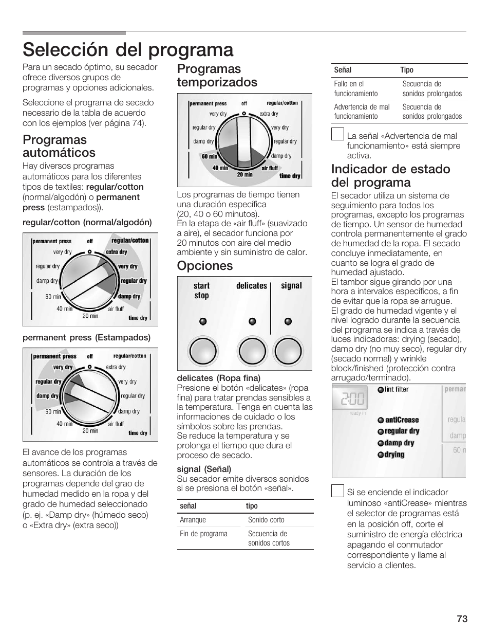 Selección del programa, Programas automáticos, Programas temporizados | Opciones, Indicador de estado del programa | Bosch WTXD5500UC User Manual | Page 74 / 83